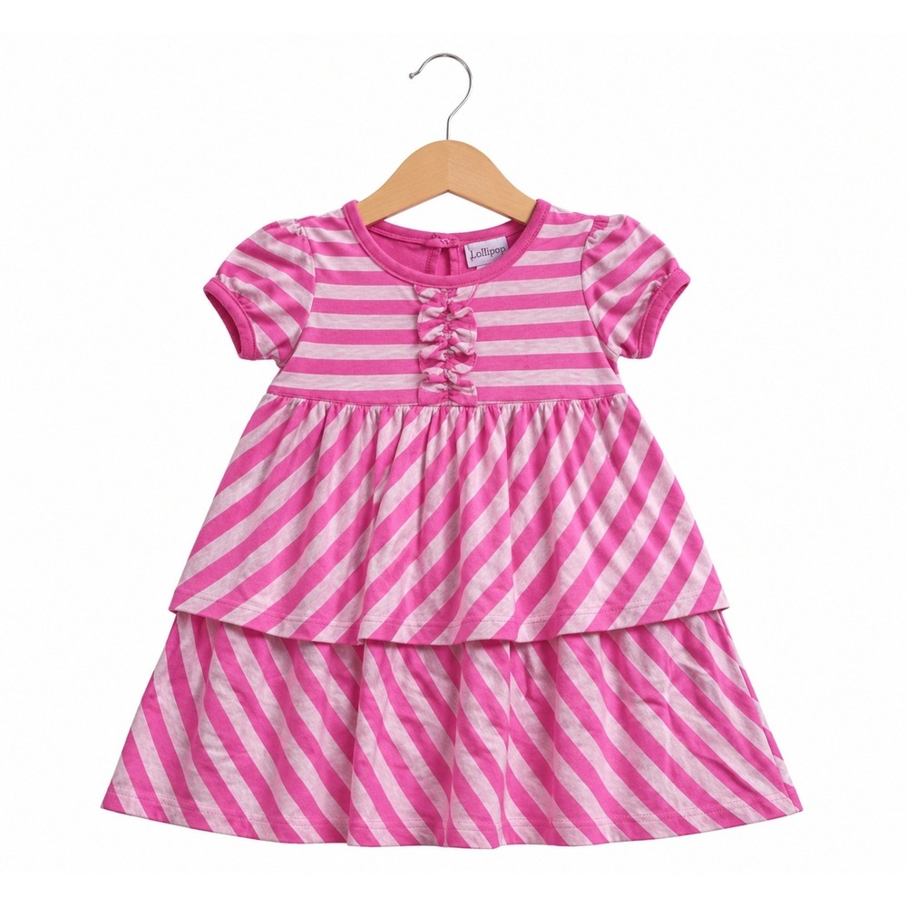 Kidzone Girls Dress Size 3T‎ Pink Striped Ruffle Short Sleeves NEW
